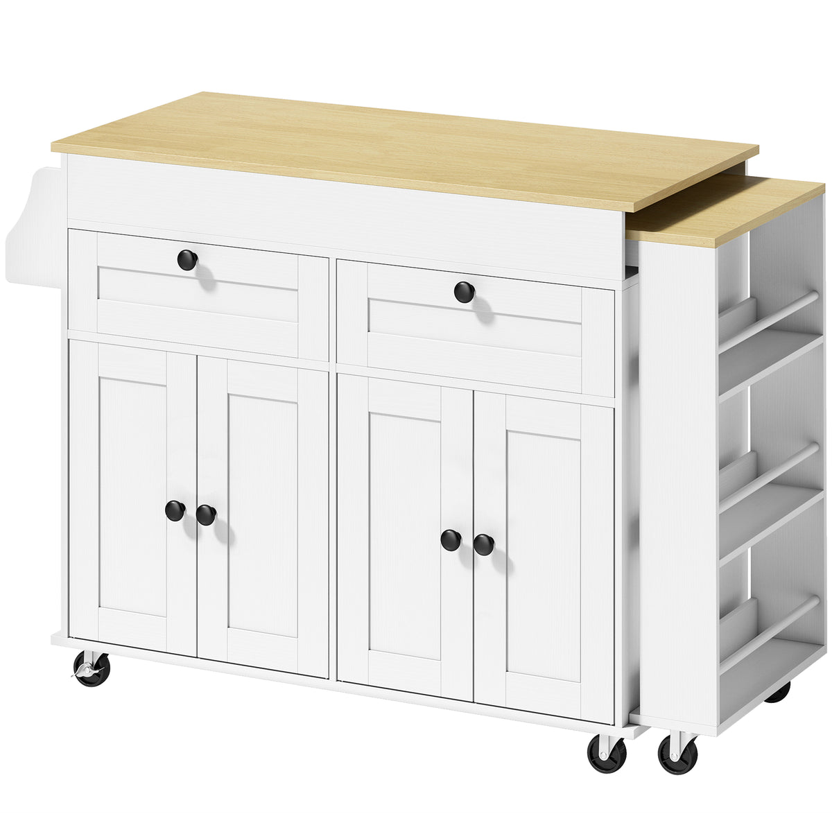 îlot central cuisine avec plateau extensible, desserte de cuisine sur roulettes avec 2 tiroirs, 4 portes, blanc