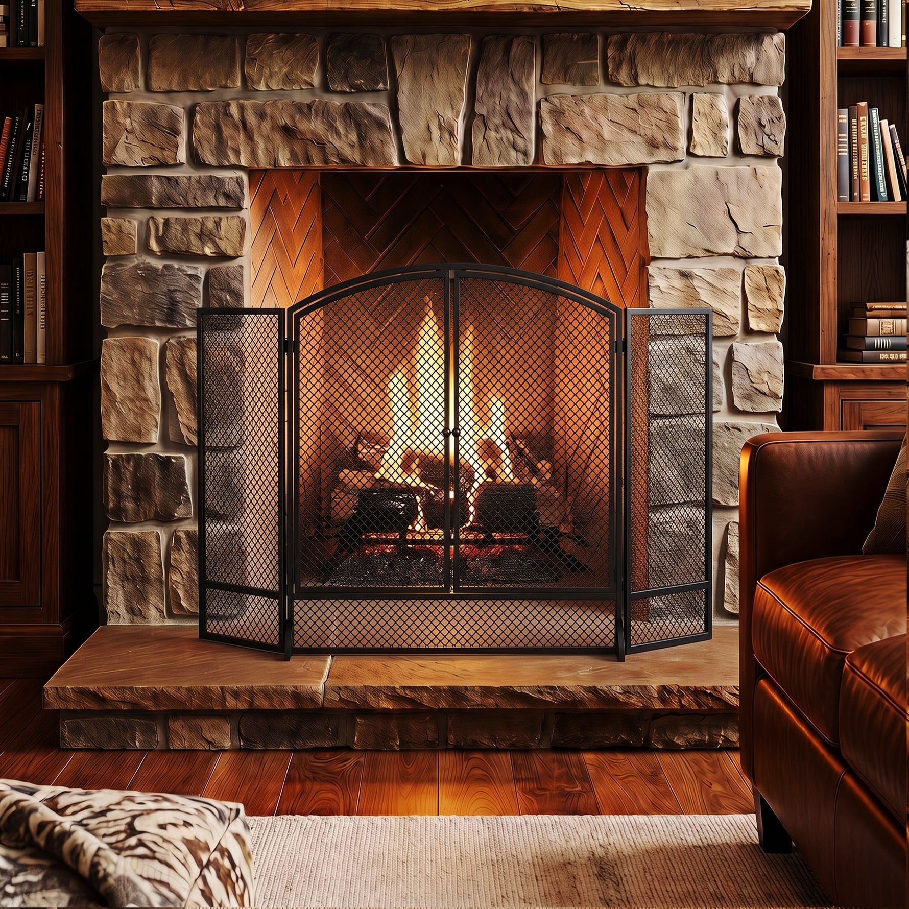 Pare-feu de Cheminée Pliable 3 Panneaux, 2 Portes, Style Moderne, Pare-Étincelles Cheminée en Métal, 122x10x75cm, Noir