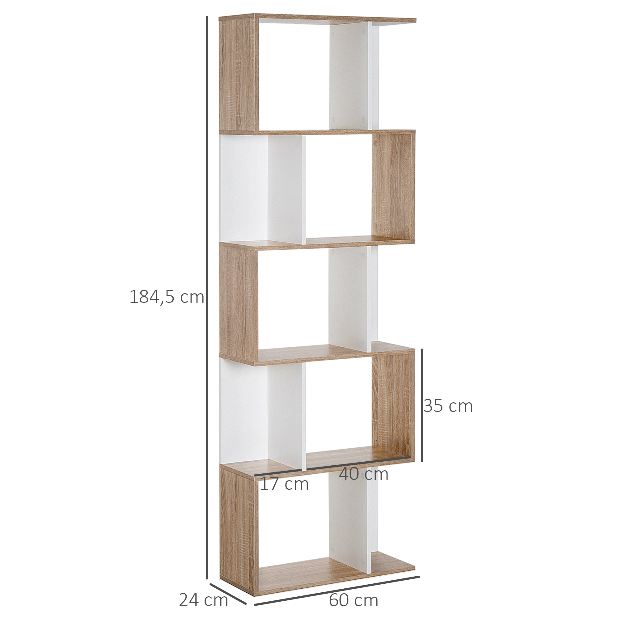 Bibliothèque à 5 niveaux, meuble de rangement en forme de S avec étagères, étagère de rangement blanc