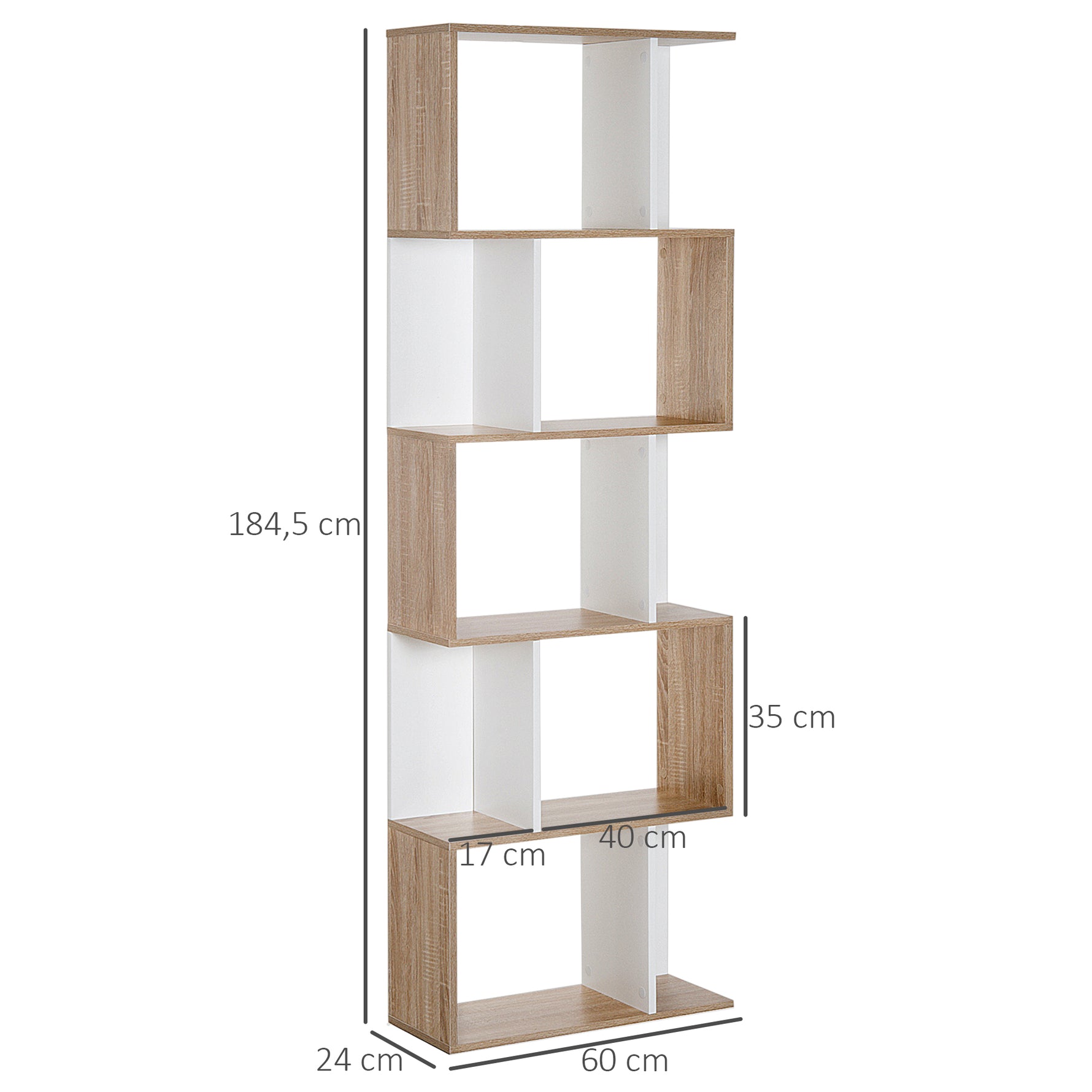 Bibliothèque à 5 niveaux, meuble de rangement en forme de S avec étagères, étagère de rangement blanc