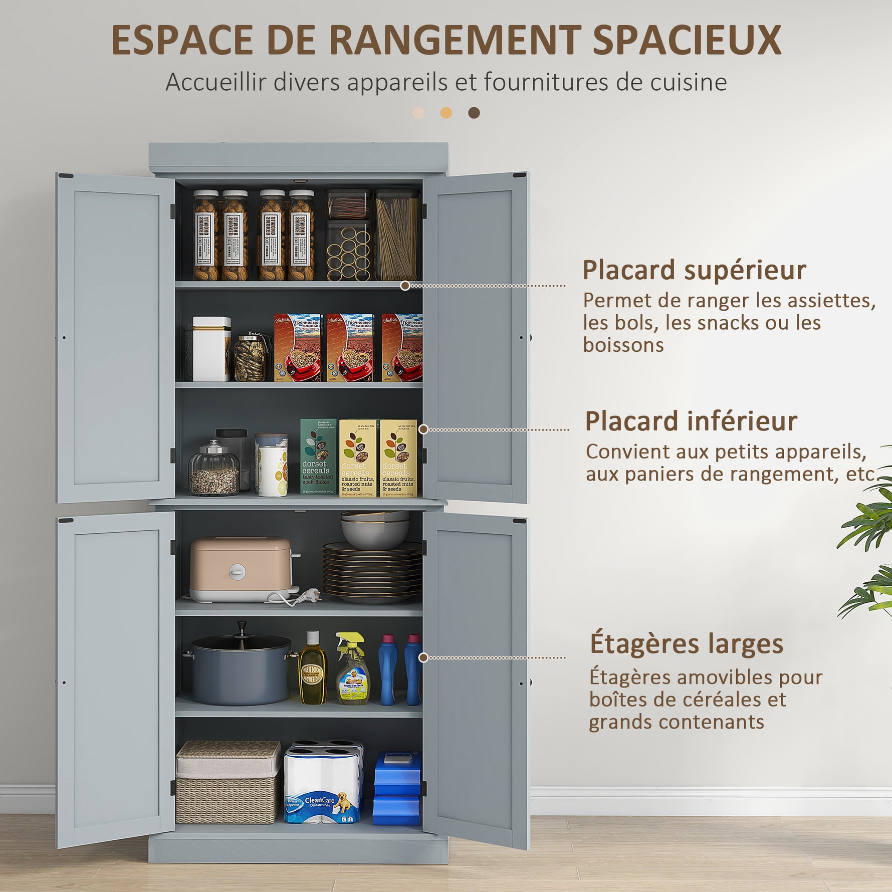 Armoire de cuisine buffet cuisine style moderne avec placards, étagères réglables, 76 x 40,5 x 184 cm, gris