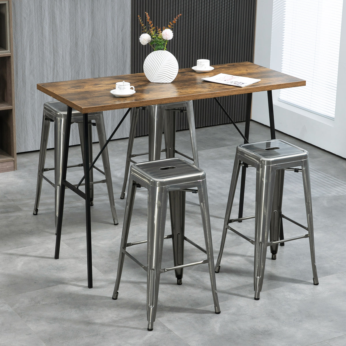 4er-Set stapelbare Industrie-Barhocker Sitzhöhe 76 cm silberfarbenes Metall