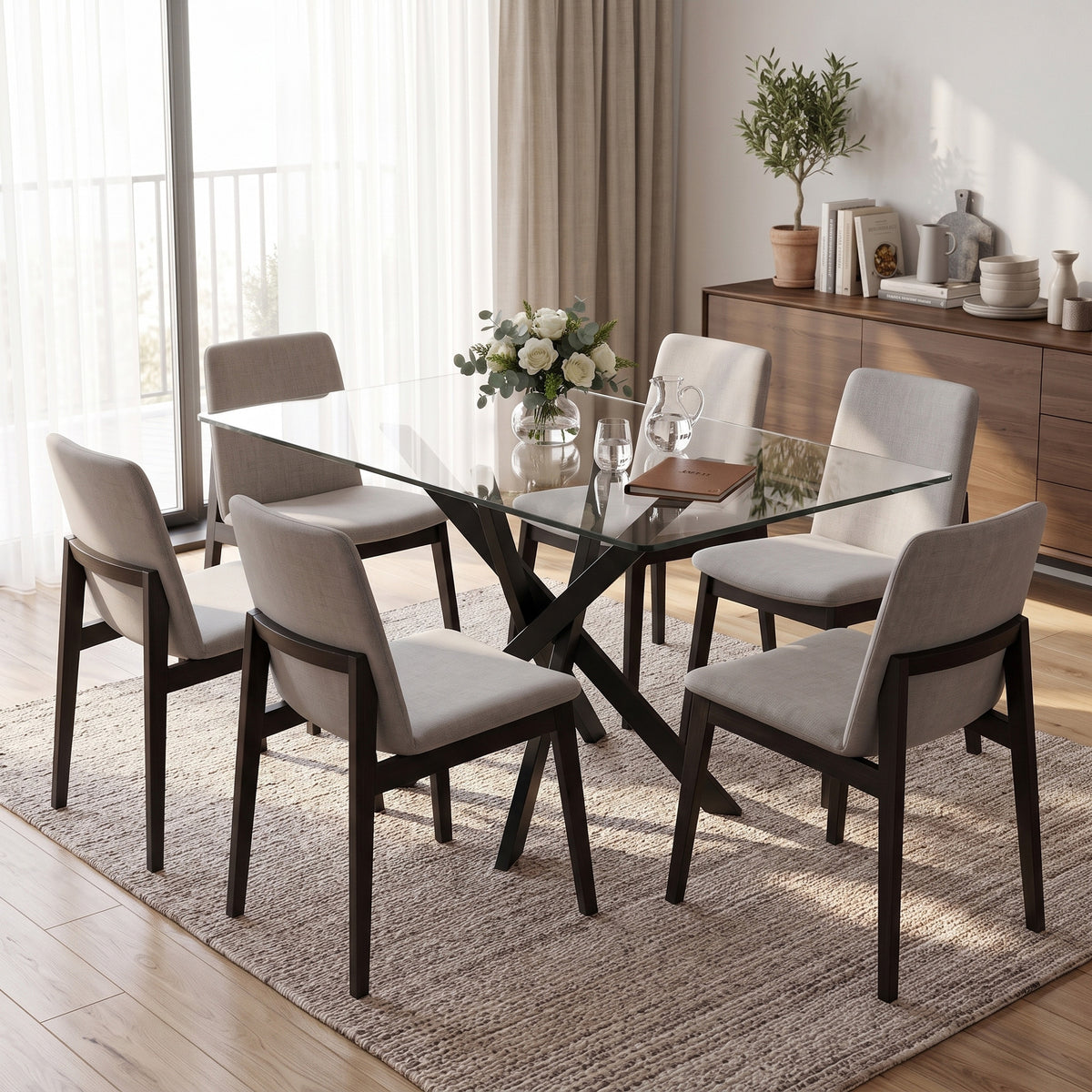 Mesa de Cocina, Tablero de Vidrio Templado, Base Cruzada de Acero, Estilo Moderno, para Comedor, Cocina, Sala de Estar