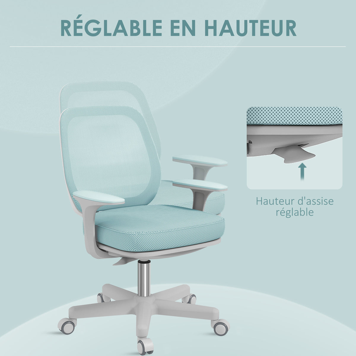 Fauteuil de bureau, chaise de bureau ergonomique en maille, hauteur réglable, 55x48x82,5-94,5cm, vert
