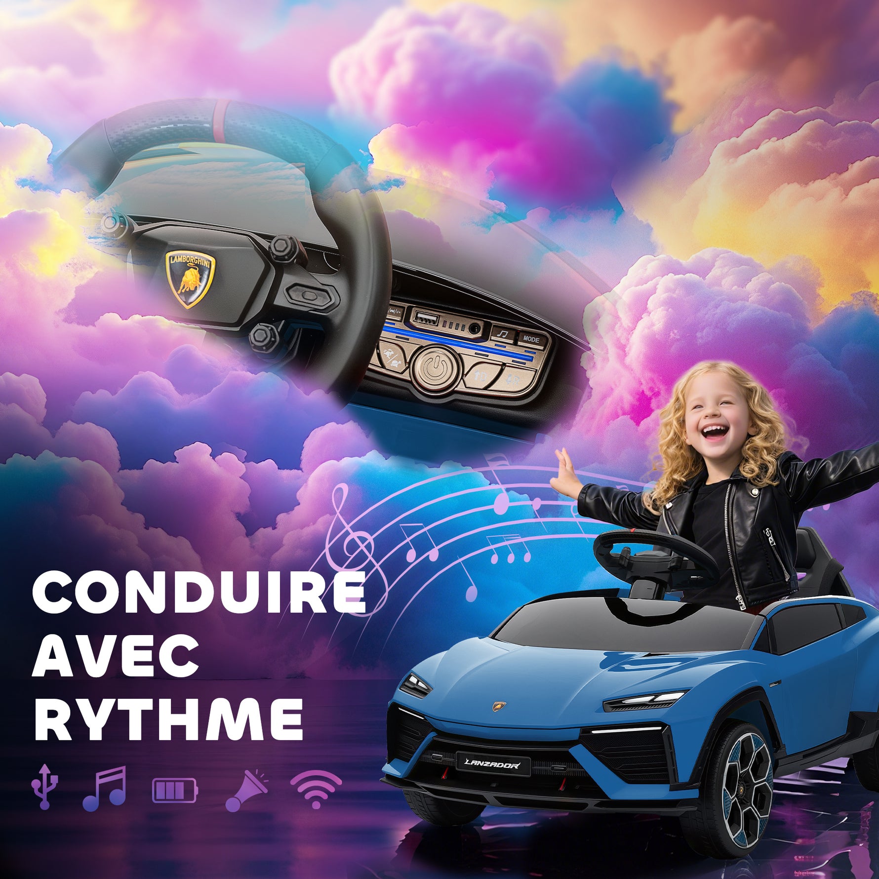 Voiture électrique enfant véhicule électrique Lamborghini 12V télécommande 2,4G et 2 moteurs vitesse max. 4 km/h bleu