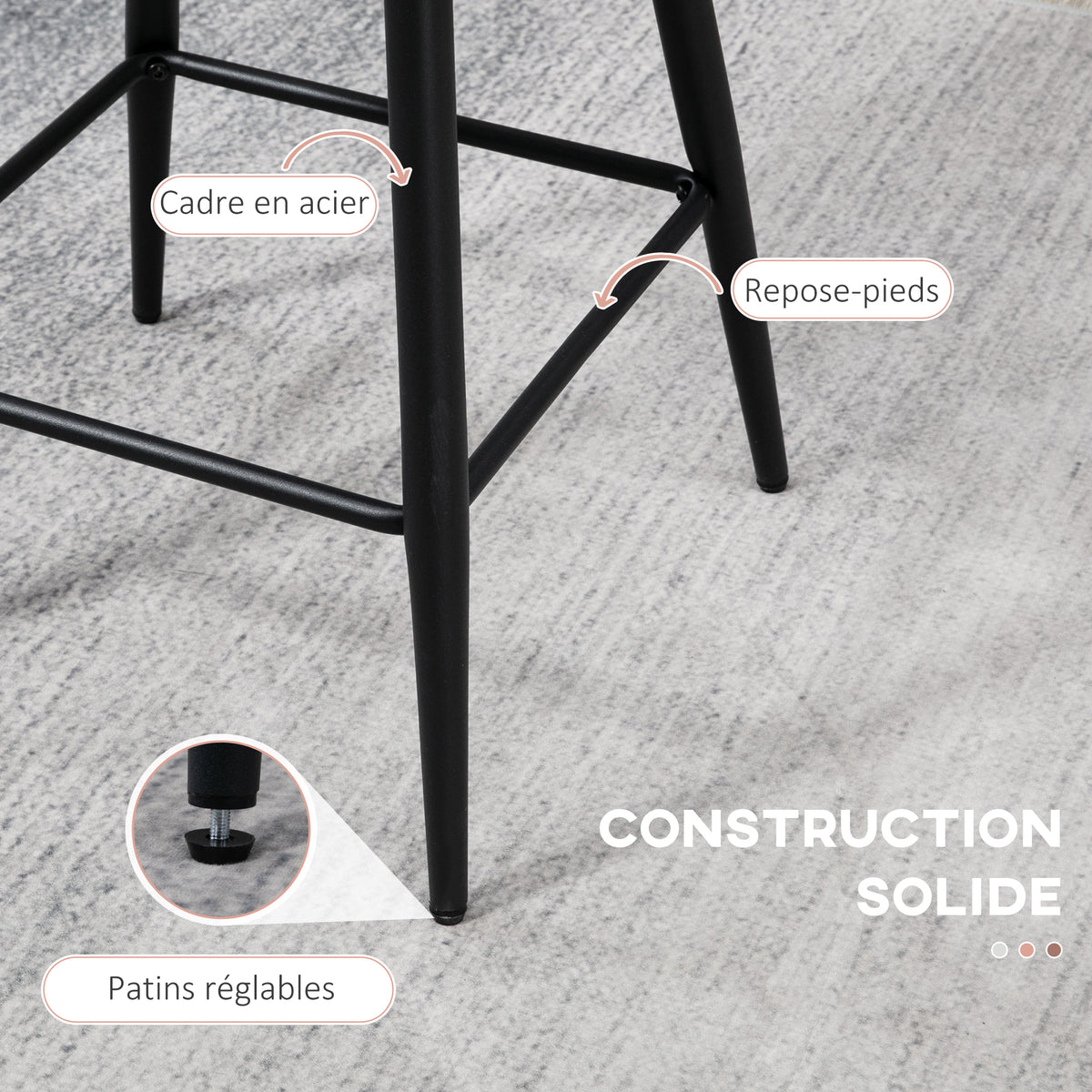 Lot de 2 tabourets de bar, chaises de bar avec dossier et repose-pieds, pieds en acier, 52 x 53 x 93 cm, rose