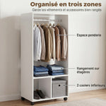 Armoire penderie étagère 2 niches 4 roulettes pivotantes dim. 60L x 40l x 128H cm Blanc
