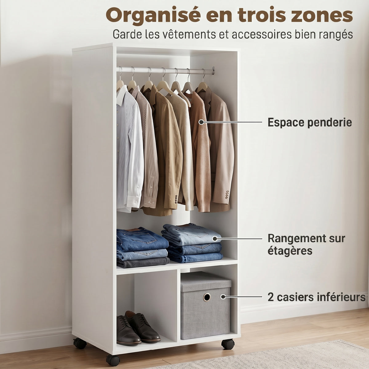 Armoire penderie étagère 2 niches 4 roulettes pivotantes dim. 60L x 40l x 128H cm Blanc