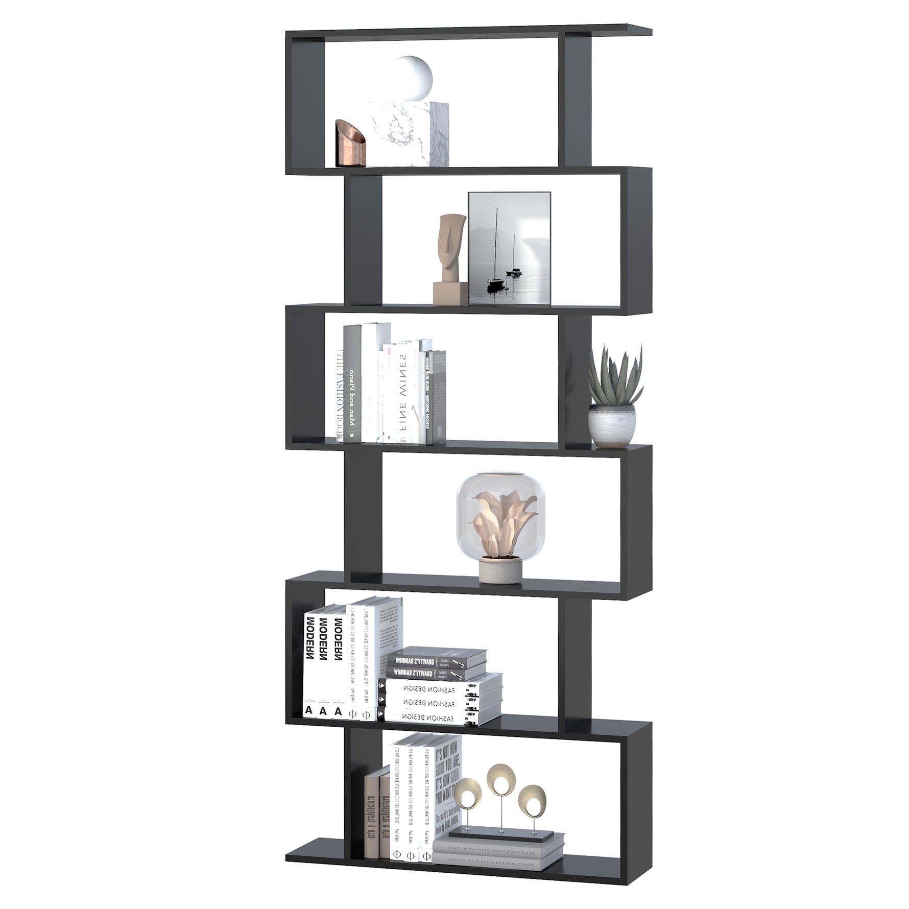 Bibliothèque étagère Zig zag Design Contemporain 80L x 23l x 192H cm 6 Niveaux Noir