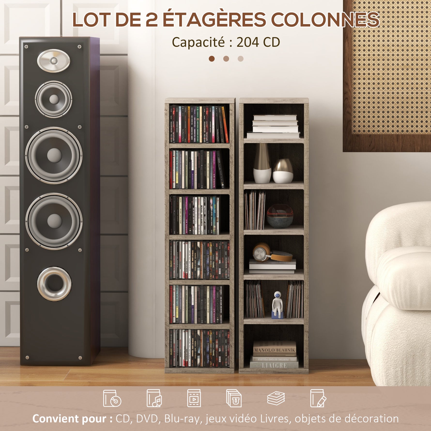 Lot de 2 étagères colonnes armoire de rangement CD-DVD 12 compartiments 21 x 22,5 x 88,5 cm capacité 204 CD gris foncé