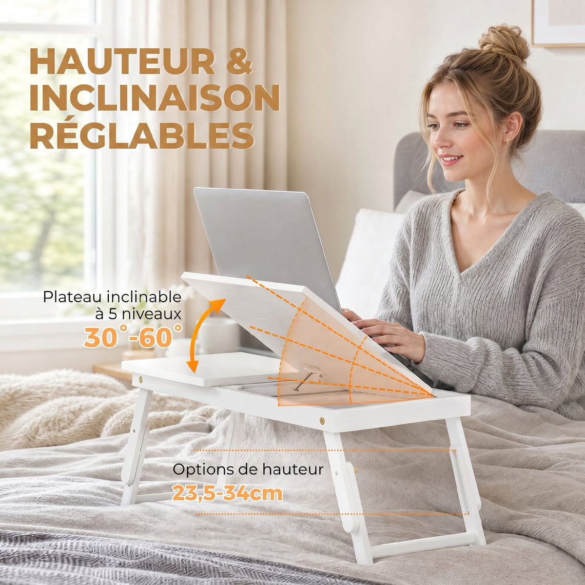 Table de lit pliable et réglable, plateau de lit pour ordinateur portable en bambou plateau inclinable 83,5x33x34cm blanc