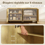 Buffet salon, meuble de rangement avec 4 portes rainurées, étagère réglable, ouverture par pression, 147x40x77cm, chêne