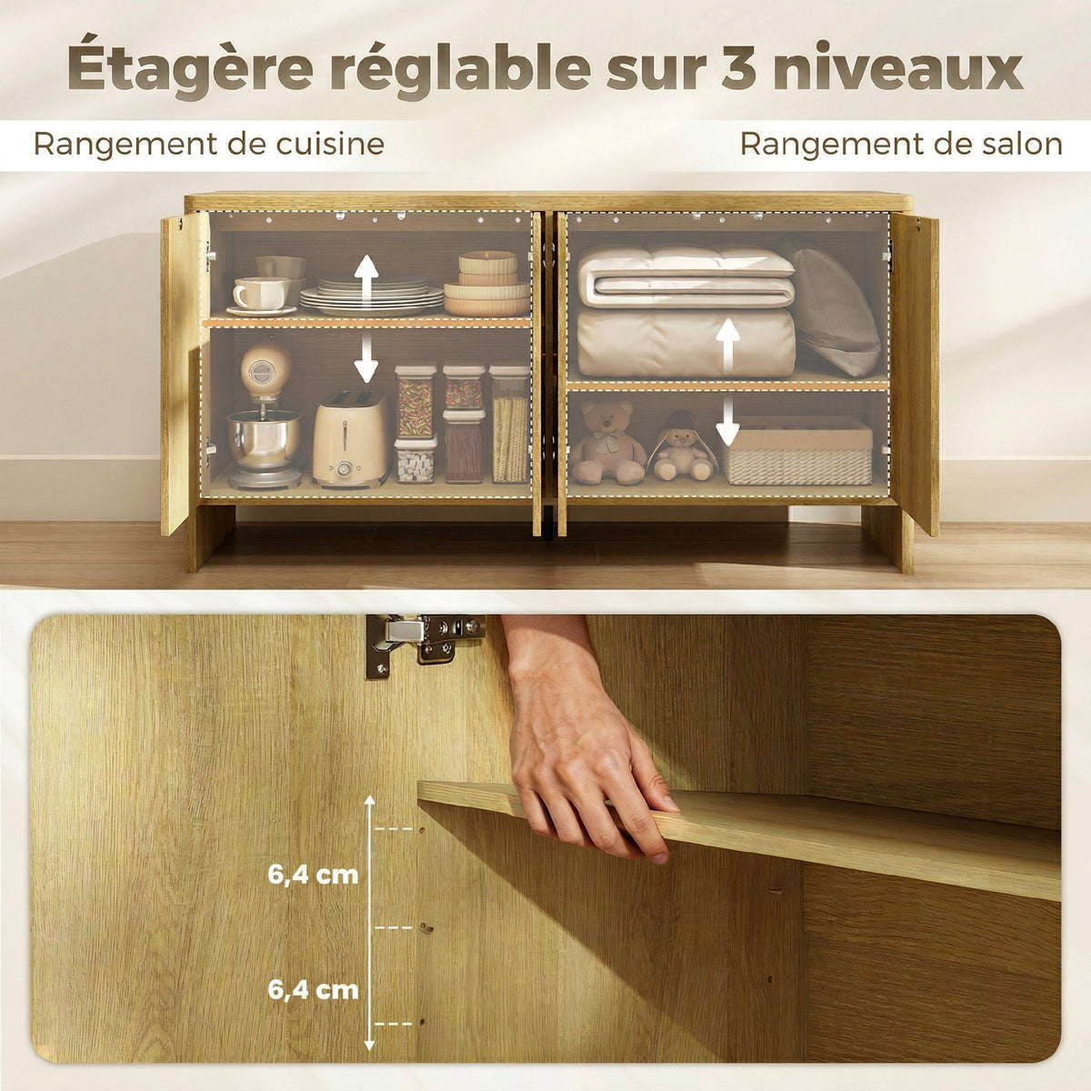 Buffet salon, meuble de rangement avec 4 portes rainurées, étagère réglable, ouverture par pression, 147x40x77cm, chêne