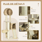 Arbre à chats griffoir sisal naturel 2 niches plateforme hamac peluche jacinthe d'eau - 60 x 60 x 150 cm beige