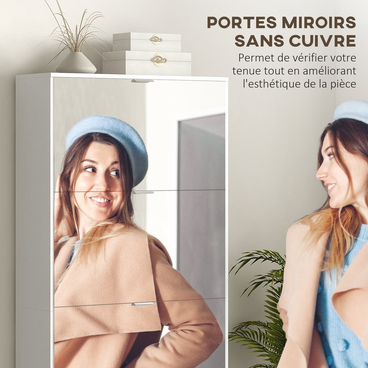 Meuble à chaussures 2 en 1 façades miroir 4 portes abattants, étagères réglables, jusqu'à 24 paires, 76l x 26P x 168H cm