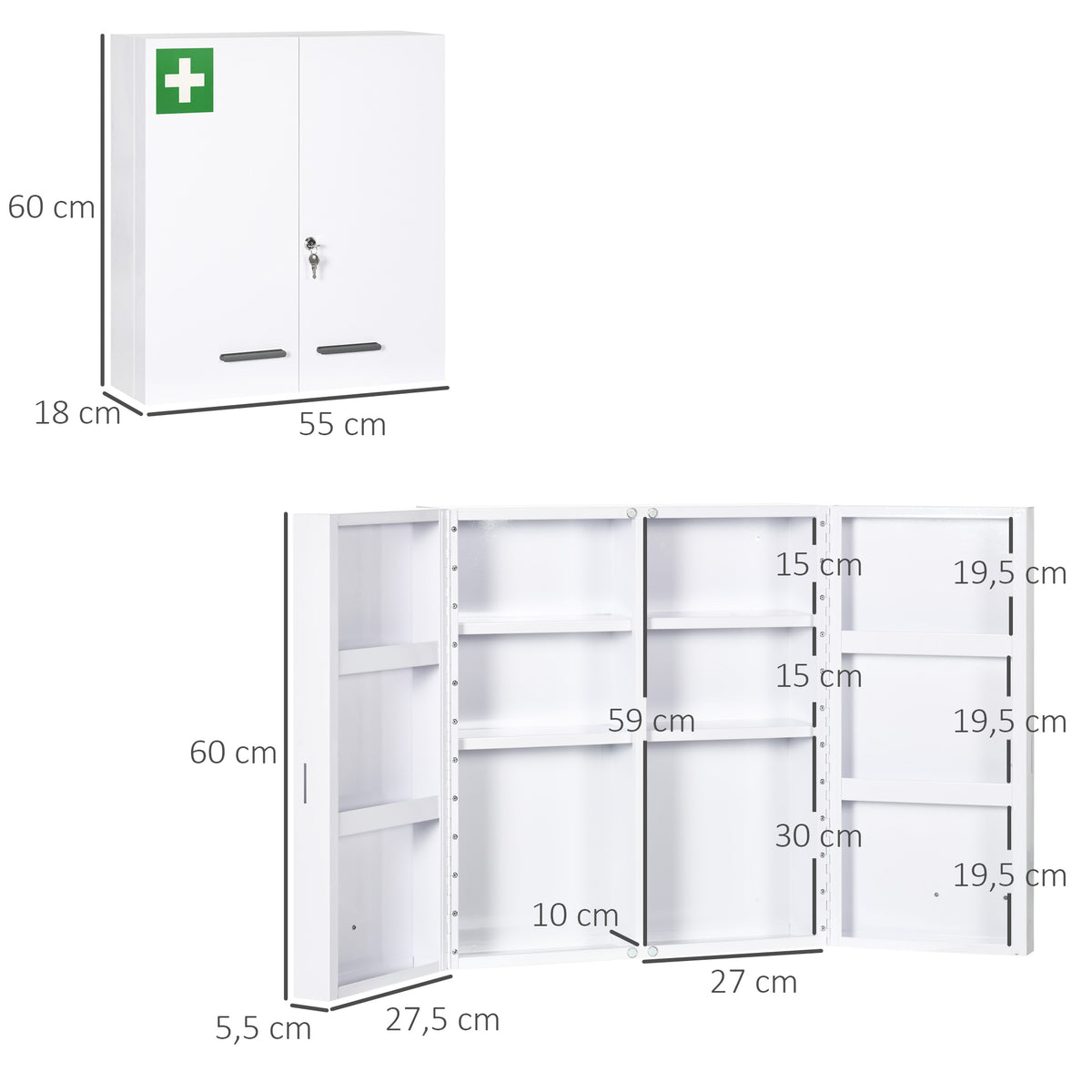 Armoire à pharmacie 6 étagères avec serrure et 2 clés de sécurité, 55x18x60 cm, blanc