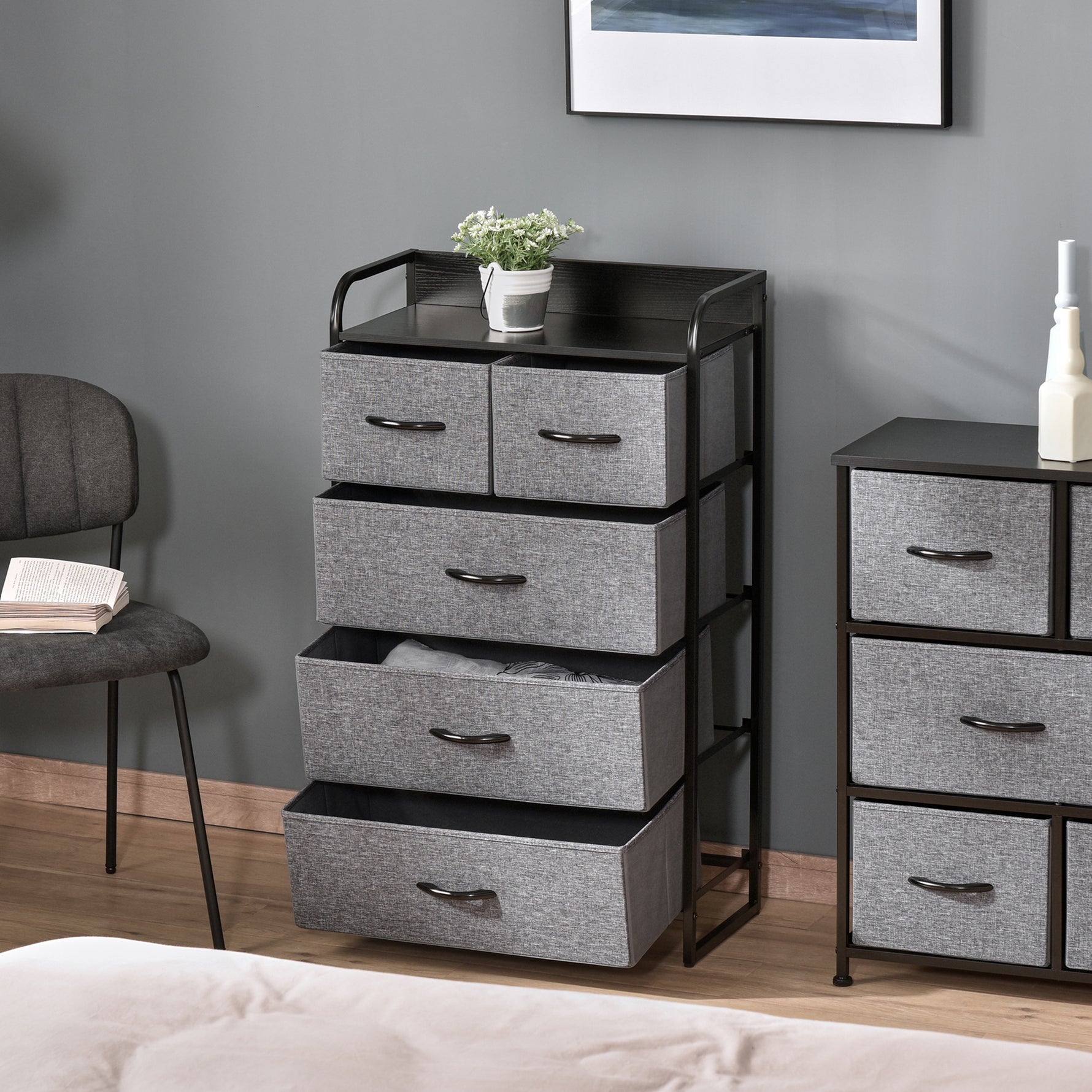 Commode Meuble de Rangement 5 tiroirs Pliables en Tissu 58 x 29 x 99 cm Gris