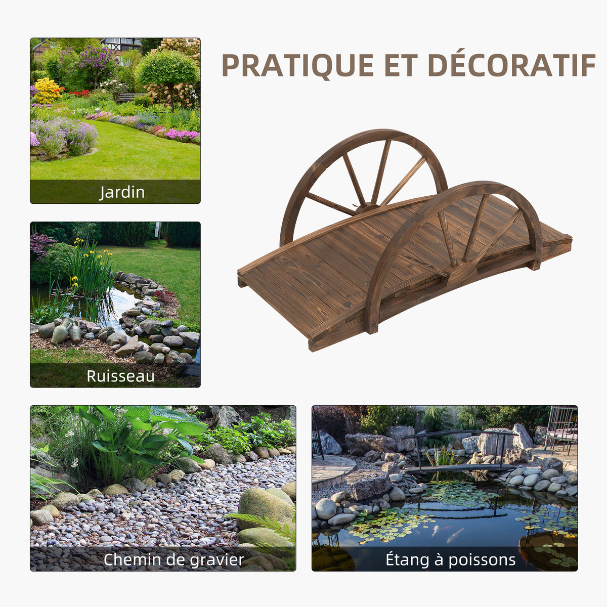Pont de jardin en bois, avec balustrade à demi-roues charge max. 150 KG, 100 x 50 x 37 cm, marron