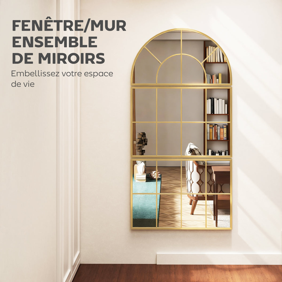 Miroir mural arqué miroir mural en forme de fenêtre ensemble de 3 pièces cadre en métal 76 x 150 cm doré