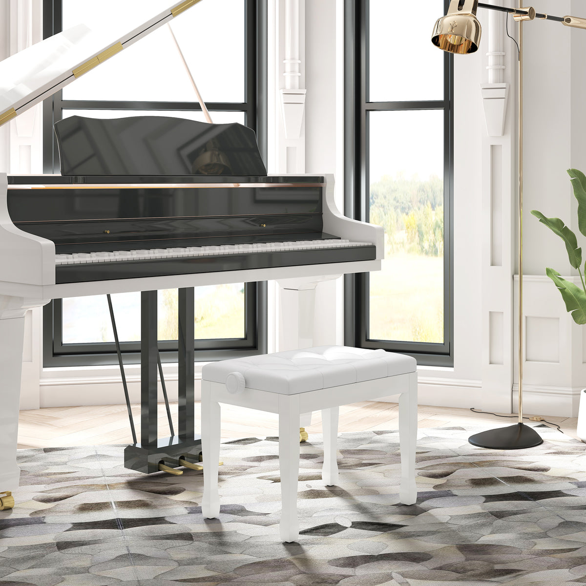 Banc de piano, banc de clavier réglable en hauteur en bois massif, siège rembourré, 64 x 35 x 45-55 cm, blanc
