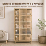 Armadio guardaroba in bambù a 5 livelli con anta scorrevole, design a doghe traspirante, legno naturale