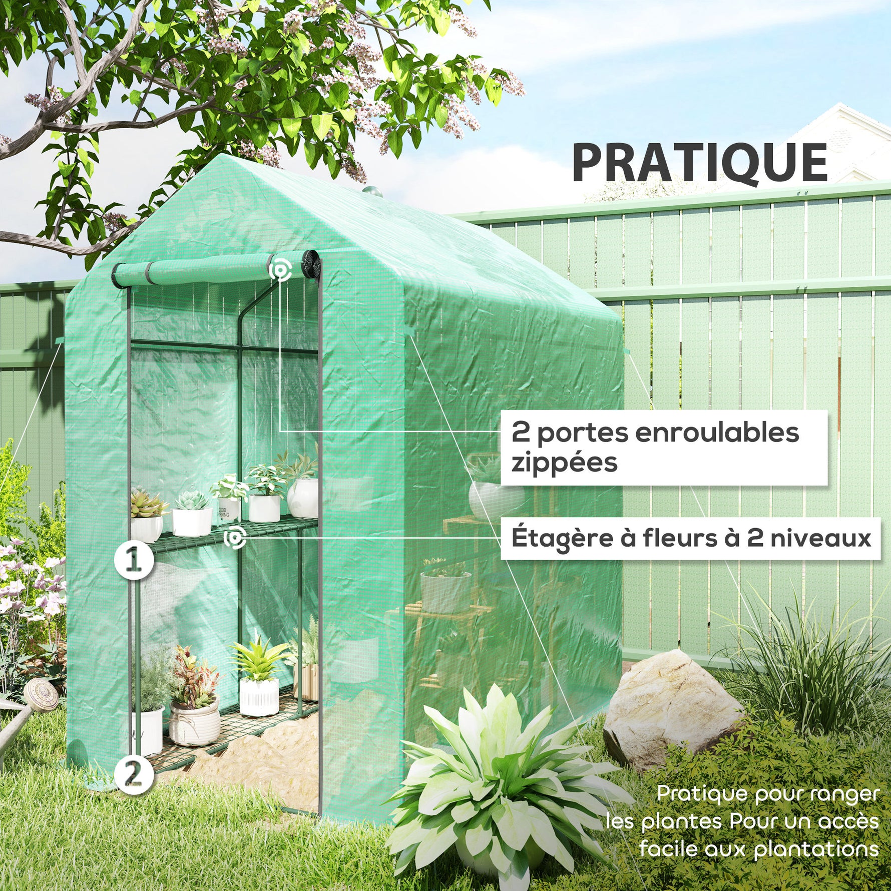 Serre de jardin PE étagère 2 niveaux, serre de balcon, bâche renforcée 140 g/m², châssis en acier, 186x120x190cm, vert
