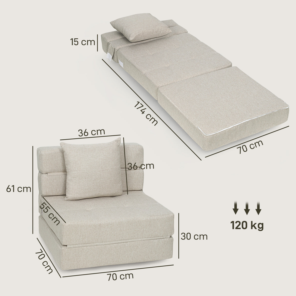 Chauffeuse canapé-lit convertible fauteuil 1 place avec 1 coussin déhoussable, tissu beige