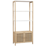 Colonne de salle de bain armoire de rangement en bambou 3 étagères 1 placard 63 x 30 x 138 cm bois naturel et blanc