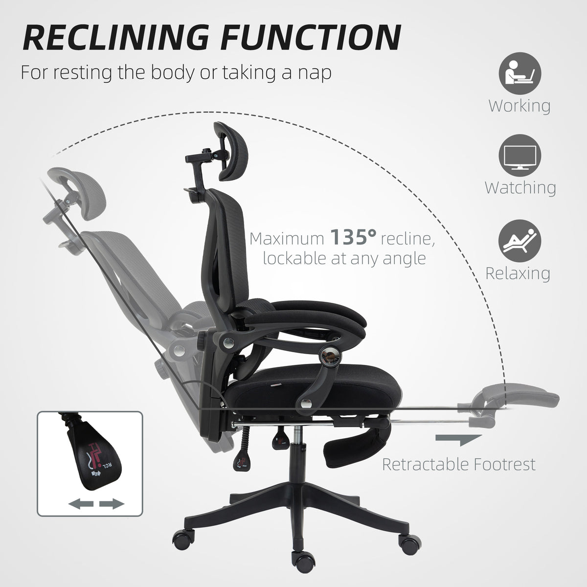 Chaise Bureau Ergonomique avec Appui-Tête Réglable, Fauteuil de Bureau Inclinable en Maille, Dossier Séparé, Noir