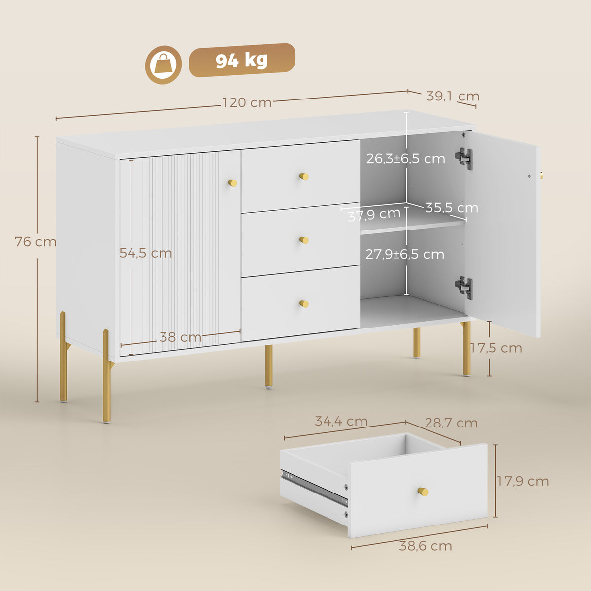 Buffet cuisine, meuble de rangement avec 2 portes, 3 tiroirs silencieux, 2 étagères réglables, 5 pieds en acier, blanc