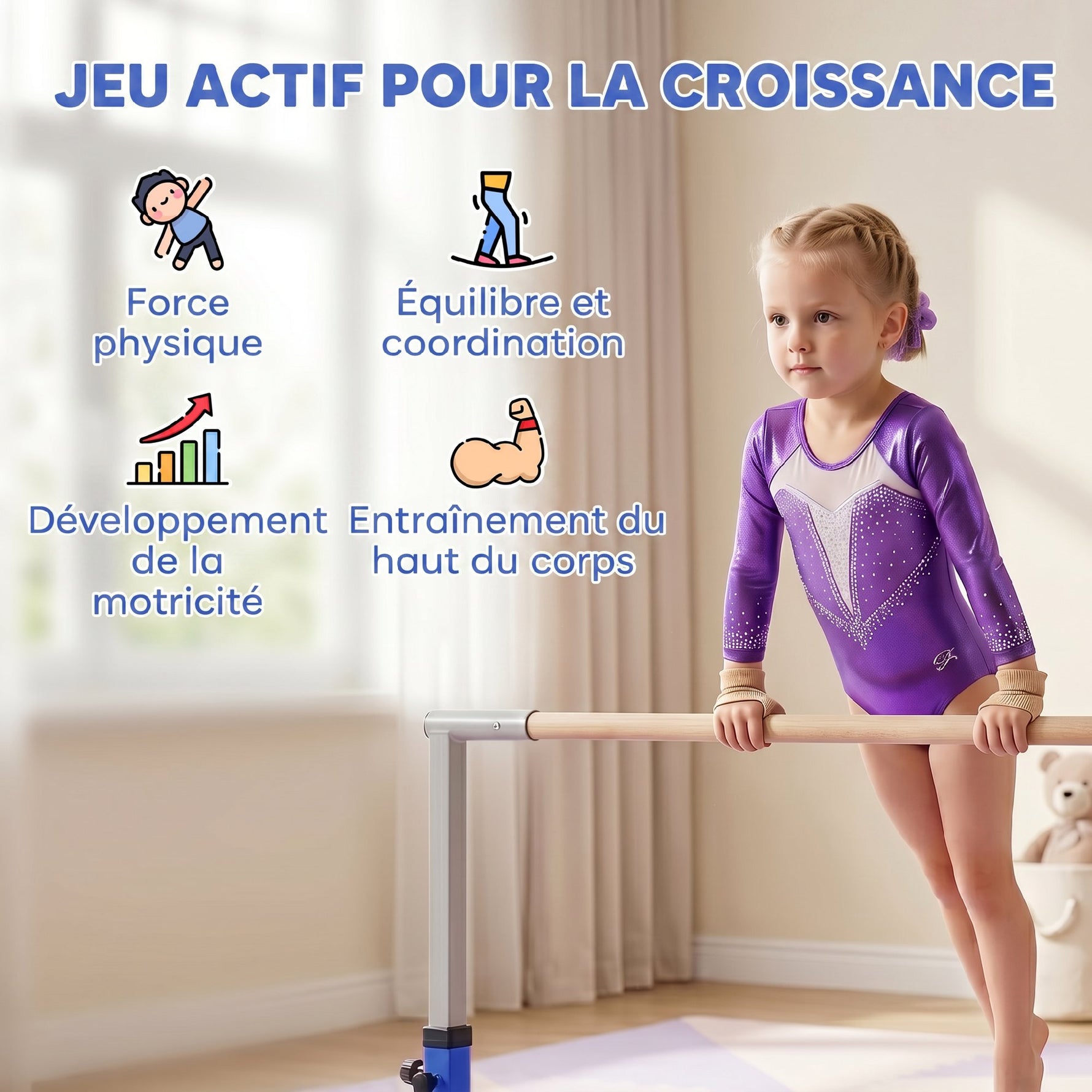 Barre fixe de gymnastique enfant - barre de gymnastique hauteur réglable 13 niveaux 92 à 150 cm - acier bleu bois hêtre