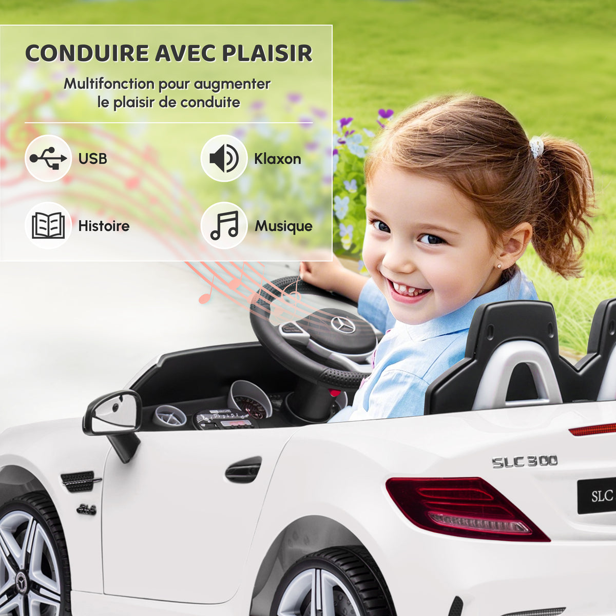 Voiture électrique enfants licence Mercedes SLC 300 12V V. Max. 5 Km/h effets sonores lumineux télécommande blanc