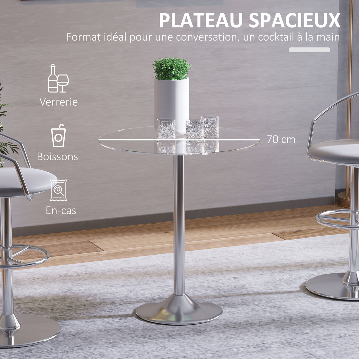 Ronde eettafel voor 2 personen, moderne keukentafel met blad van gehard glas en stalen onderstel, zilverkleurig