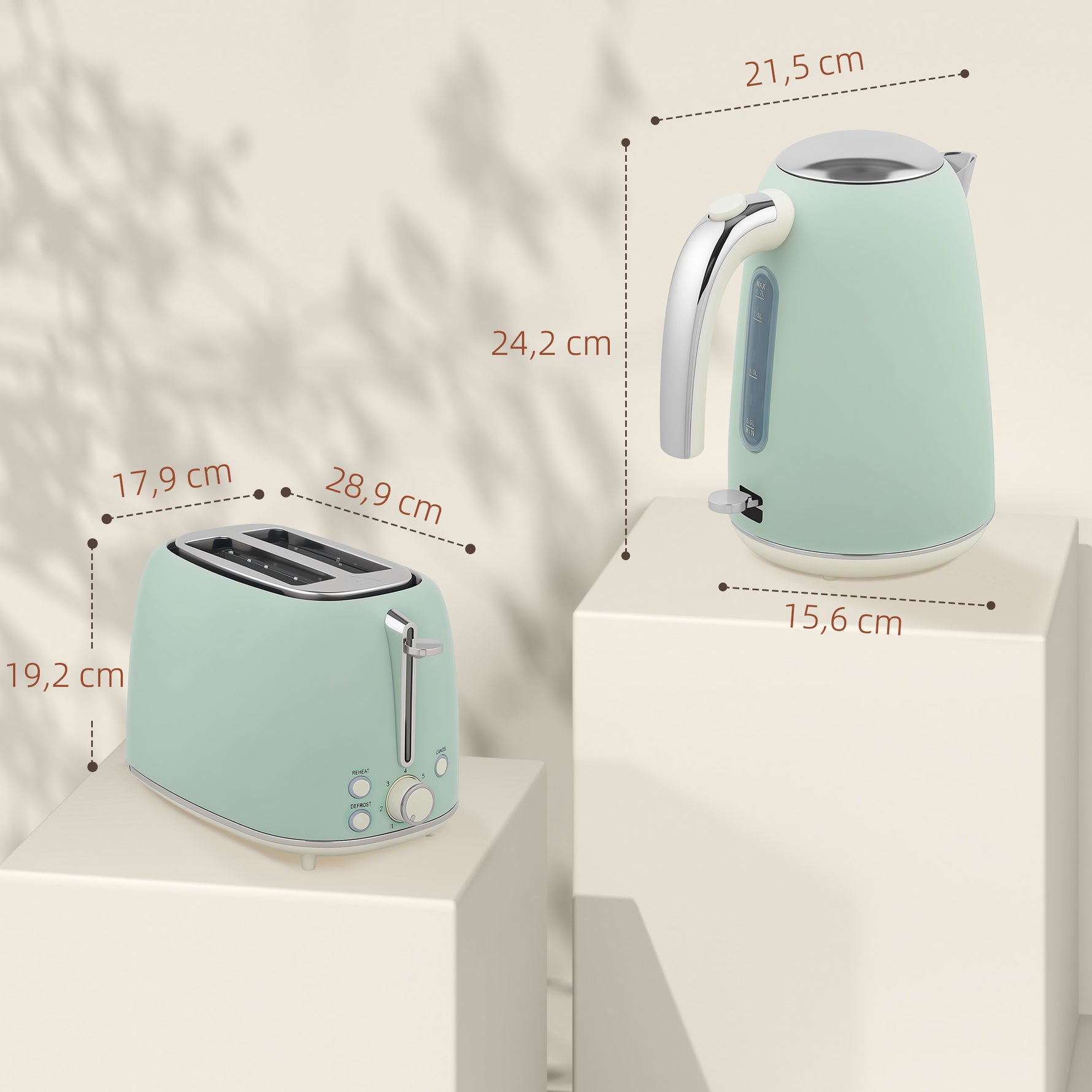 Ensemble bouilloire et grille-pain, bouilloire en acier inoxydable 1,7 L et 2200 W et grille-pain à 2 tranches, vert