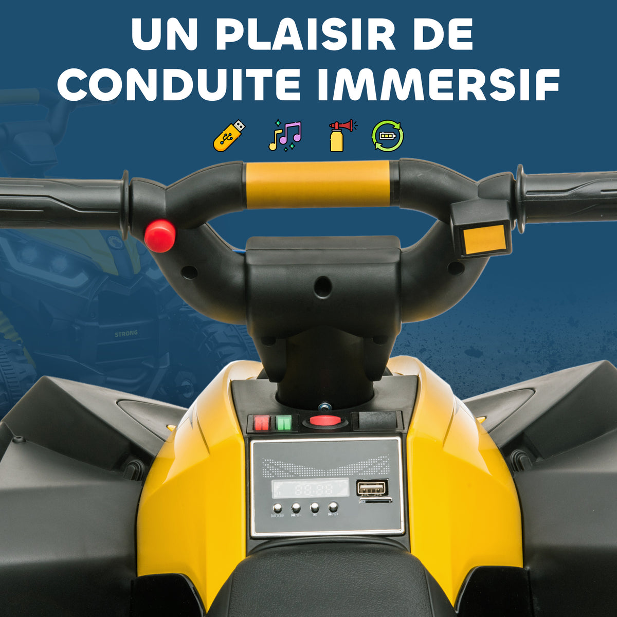 Quad électrique enfant 12 V, voiture électrique enfants 2 moteurs 2 vitesses 3-6 km/h, phares LED, klaxon, pour enfant de 3 à 5 ans, poignée et selle ergonomique, jaune