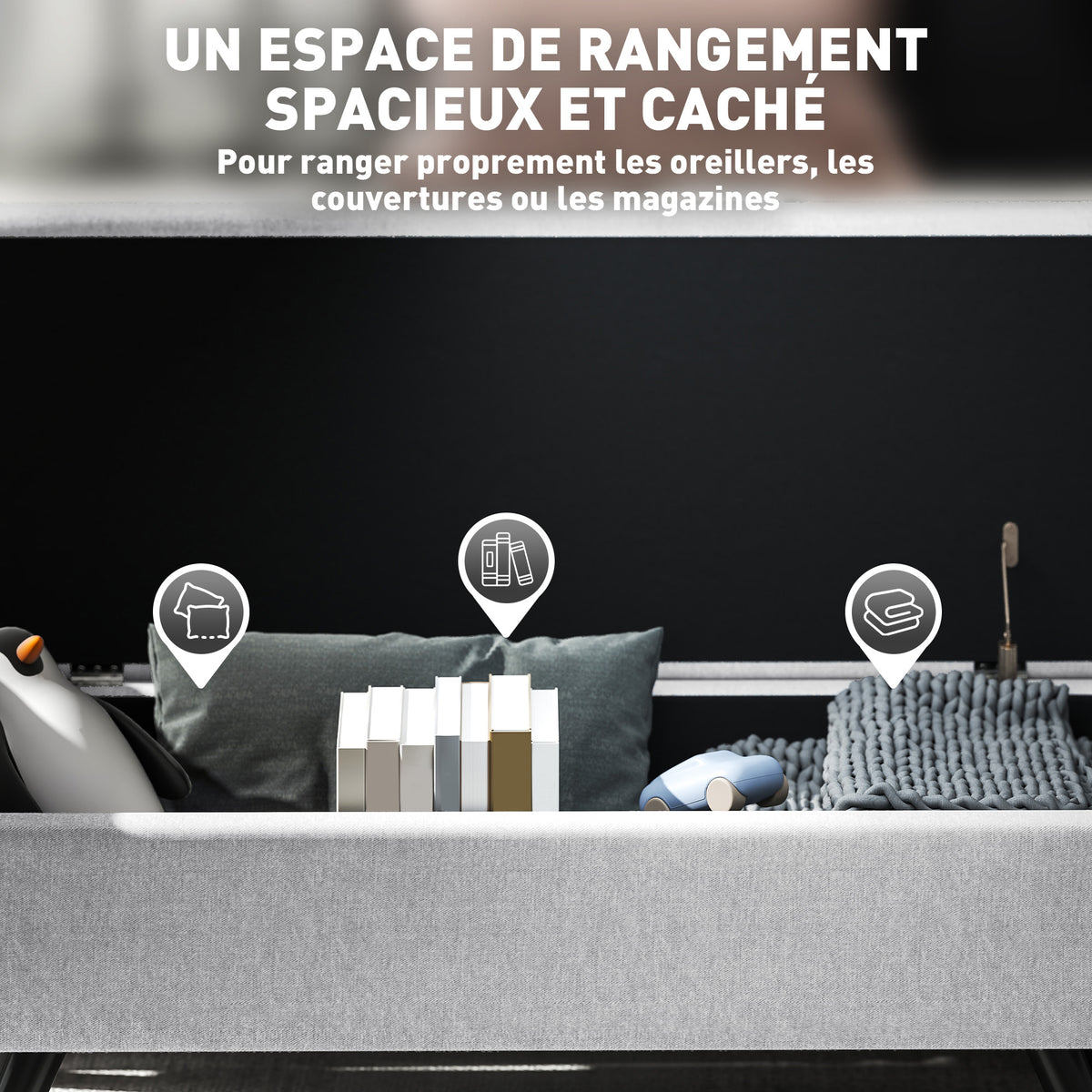 Banc de rangement 53,8L avec siège rembourré en lin et accoudoirs, pour salon, chambre, entrée, 132 x 42 x 50 cm, gris
