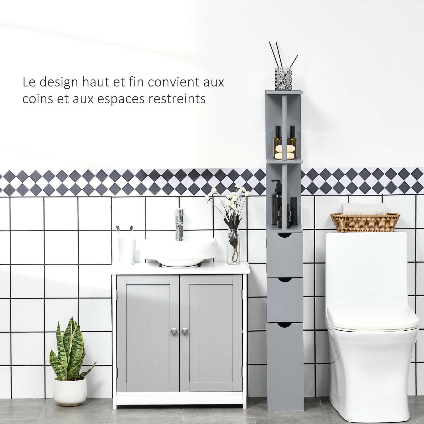 Meuble colonne salle de bain armoire de salle de bain avec tiroirs étagères ouvertes placard 15 x 33 x 136,8 cm gris
