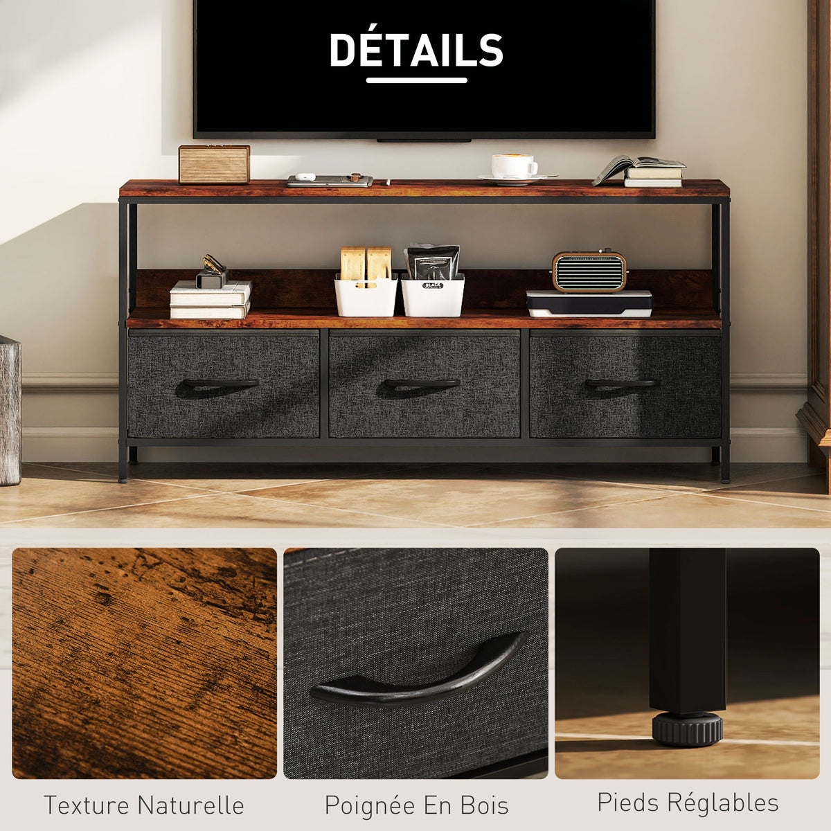 Meuble TV, meuble télé pour téléviseur jusqu'à 55 pouces avec 3 tiroirs et pieds en acier 120 x 29 x 56 cm brun rustique
