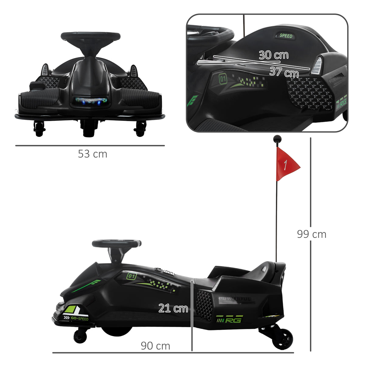 Kart électrique pour enfant 12V, karting enfant, vitesse réglable 3-8 km/h, mode de dérive, 90 x 53 x 99 cm, noir