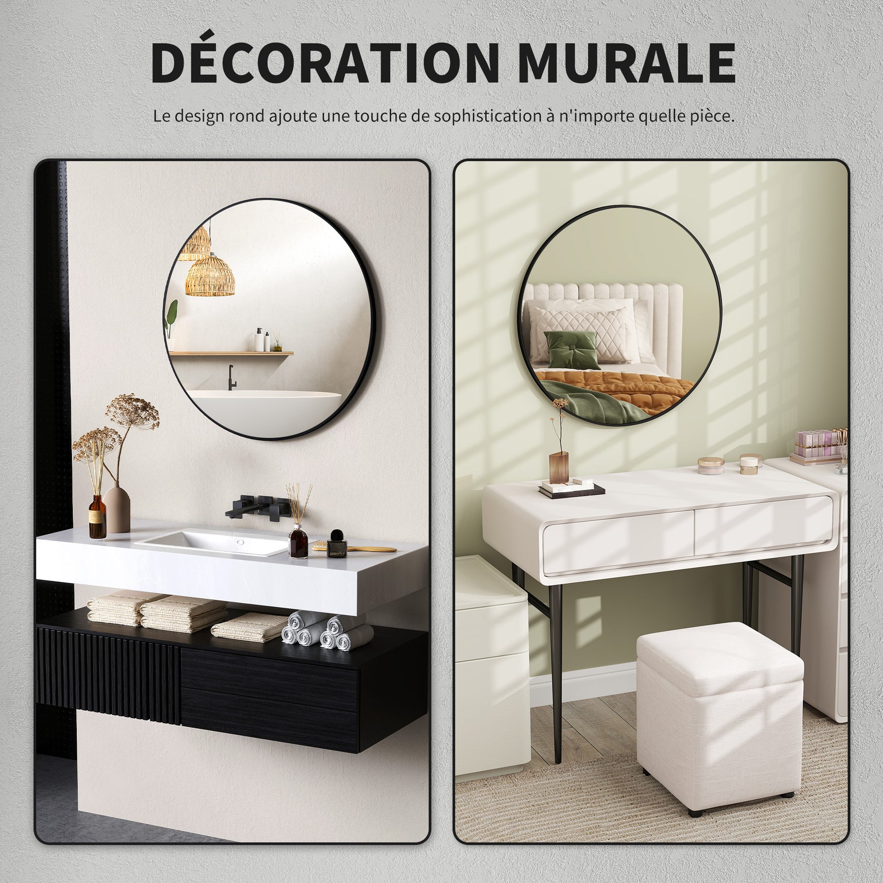 Miroir rond miroir salle de bain cadre en métal facile à installer, pour chambre, salon, entrée, Ø 70 x 2,5 cm noir