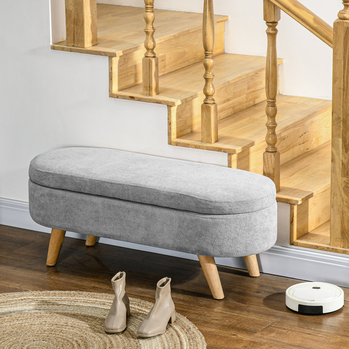 Banco banqueta pie de cama arcón de almacenamiento 2 en 1 de tela con patas de madera 110L x 40P x 43H cm gris claro