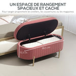 Banc de rangement, bout de lit en velours avec couvercle, pieds en métal, capacité 72 L, 108x44x43,5cm, rose