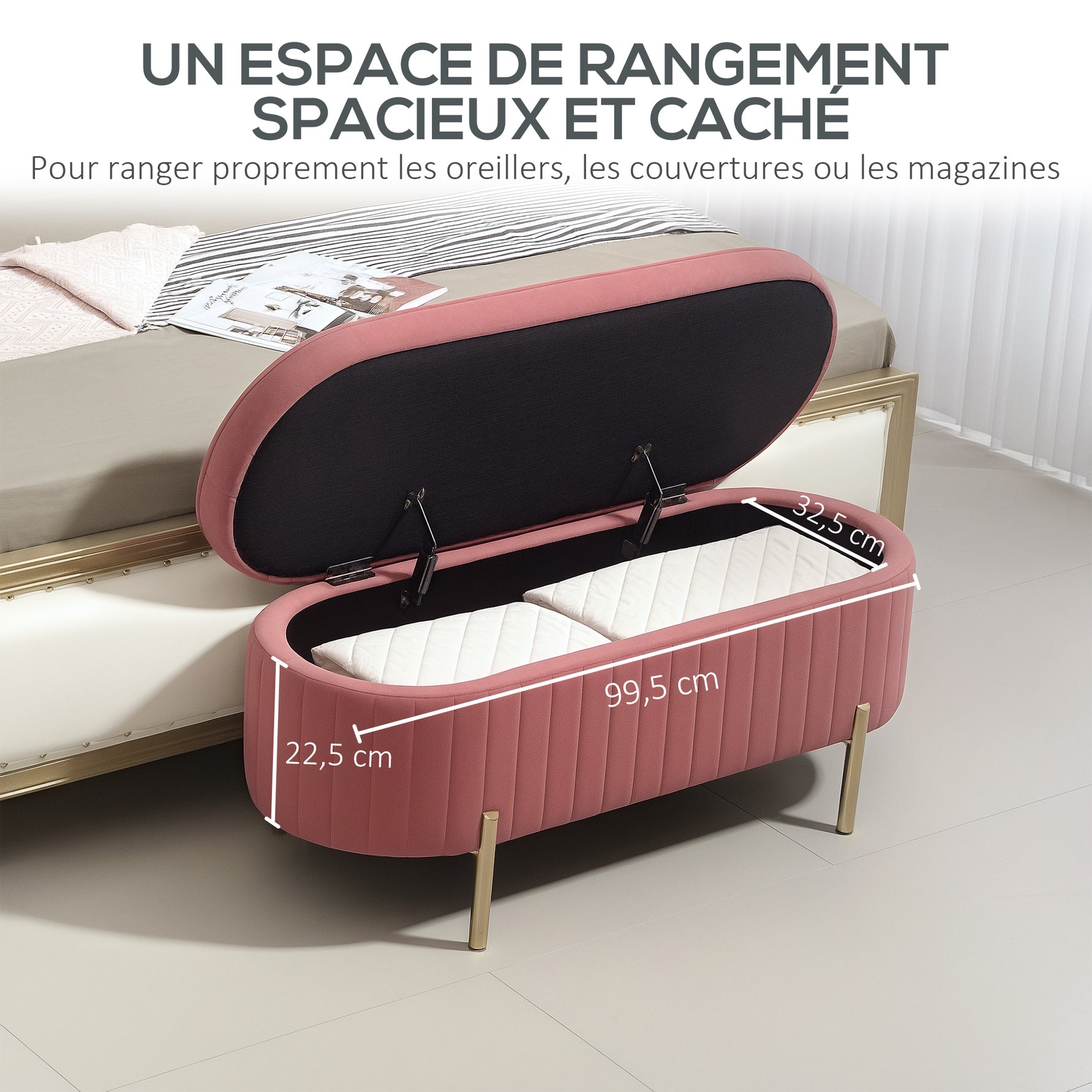 Banc de rangement, bout de lit en velours avec couvercle, pieds en métal, capacité 72 L, 108x44x43,5cm, rose