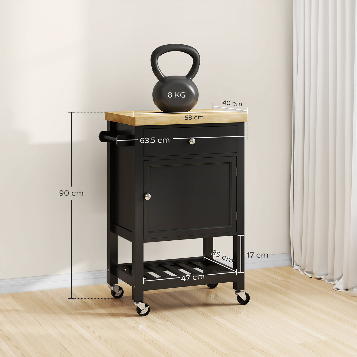 Carrello da cucina con ruote, carrello di servizio, piano di lavoro in legno di gomma, cassetto, 63,5 x 40 x 90 cm, nero