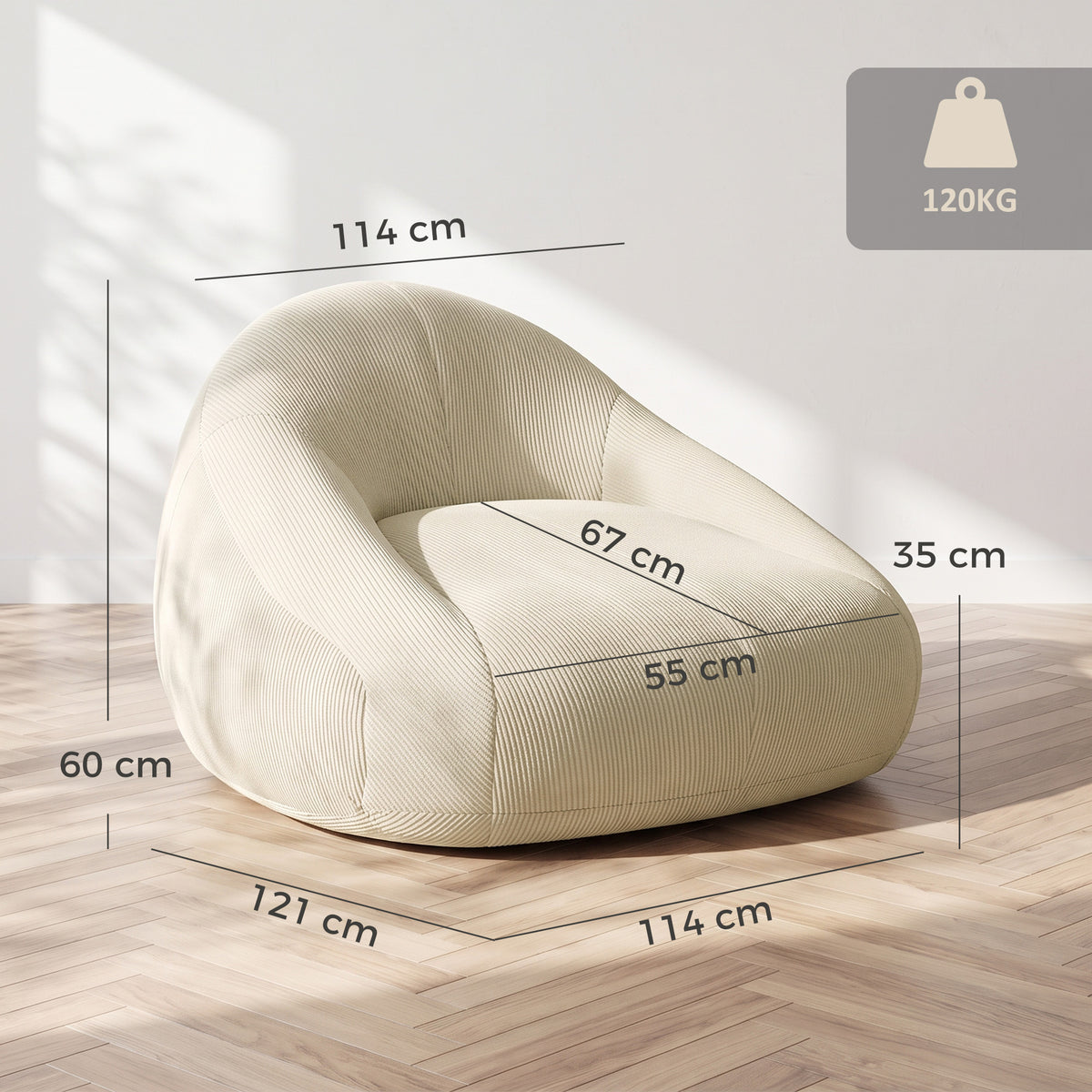 Pouf per adulti in velluto a coste, imbottito in schiuma, forma avvolgente, senza montaggio, 114x121x60 cm, crema