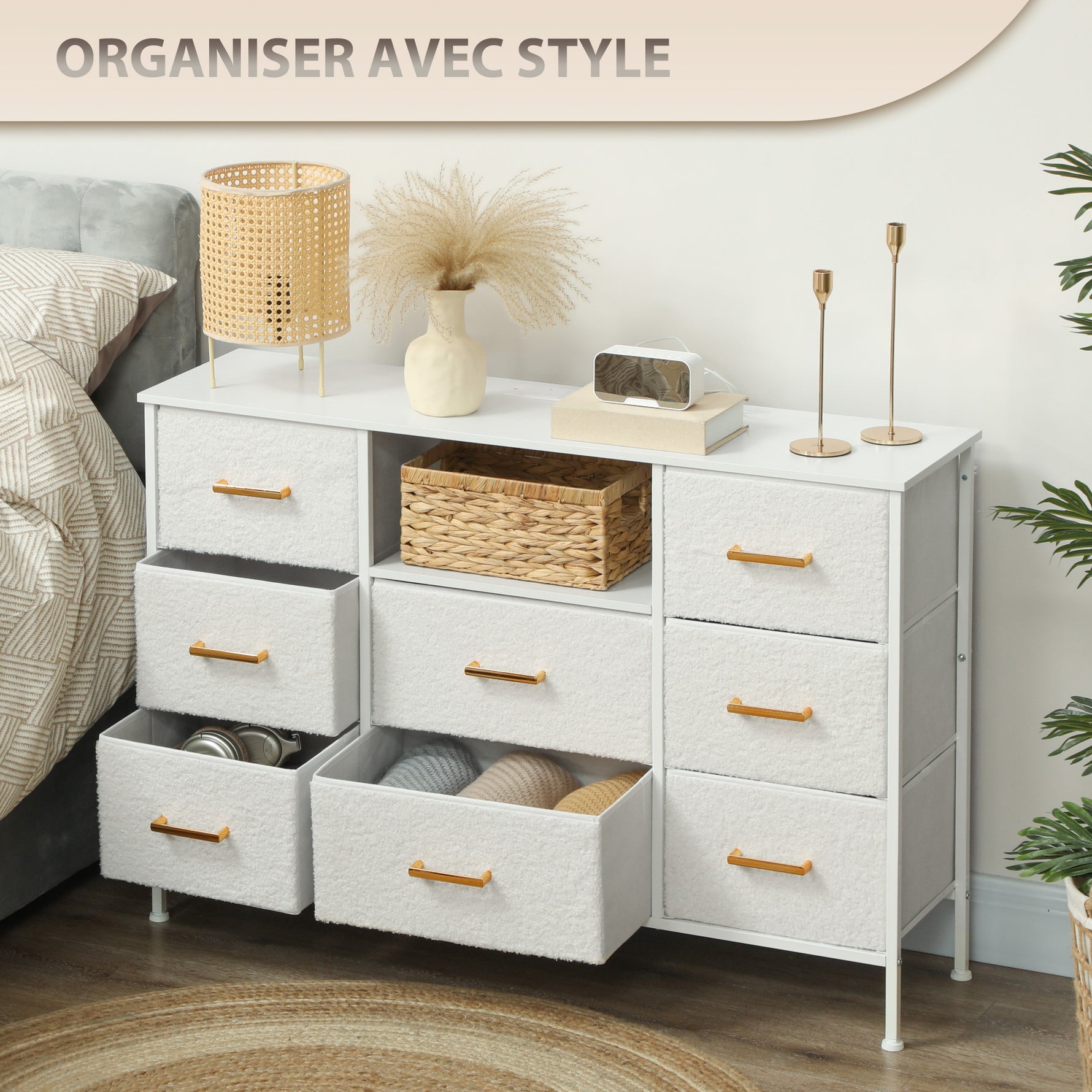 Commode 8 tiroirs en tissu bouclette, meuble de rangement avec 2 prises de courant, structure en acier 110x30x76cm crème