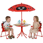 Ensemble Salon de Jardin Enfant 4 pcs Design Coccinelle - Table Ronde + 2 chaises Pliables + Parasol - métal époxy Oxford Rouge