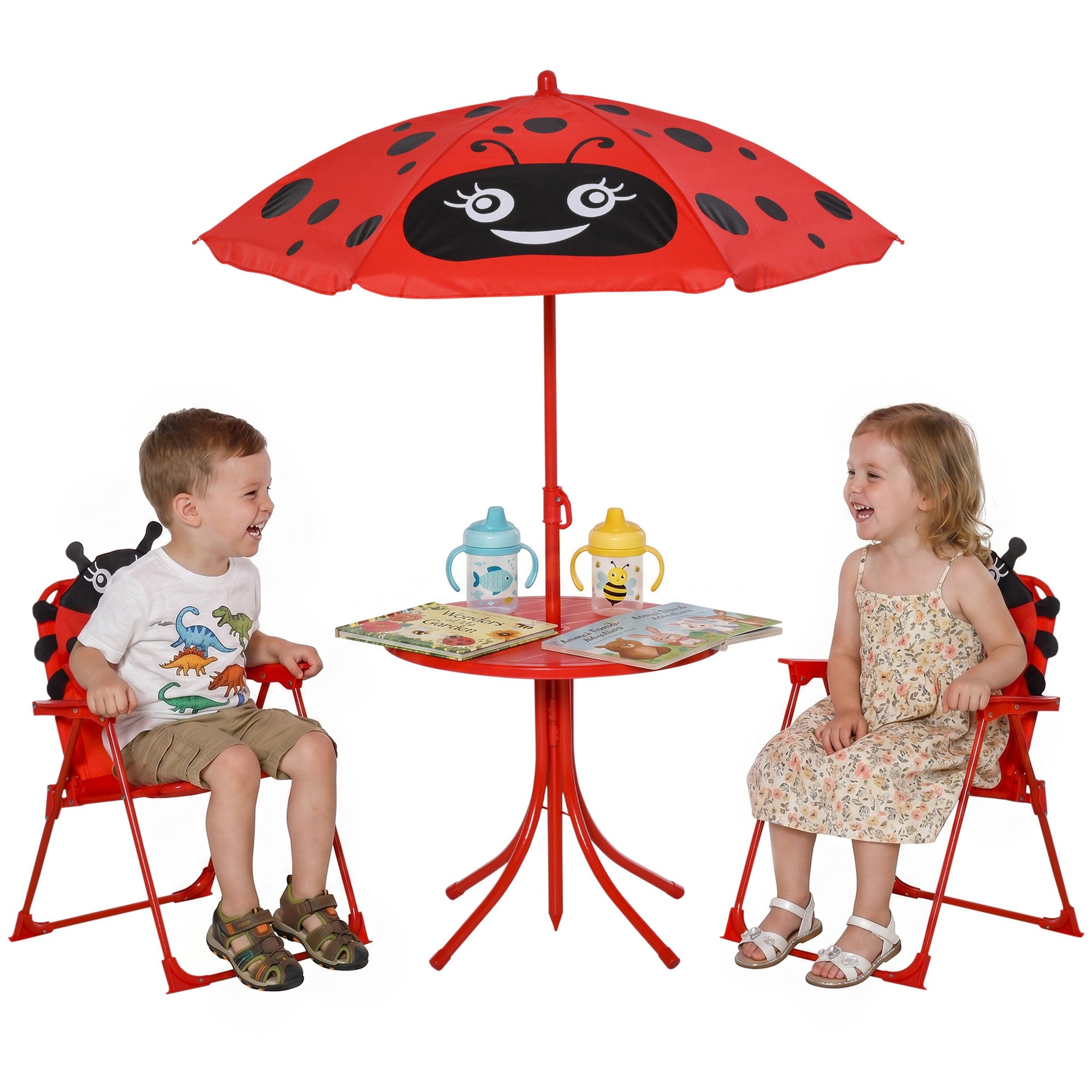 Ensemble Salon de Jardin Enfant 4 pcs Design Coccinelle - Table Ronde + 2 chaises Pliables + Parasol - métal époxy Oxford Rouge