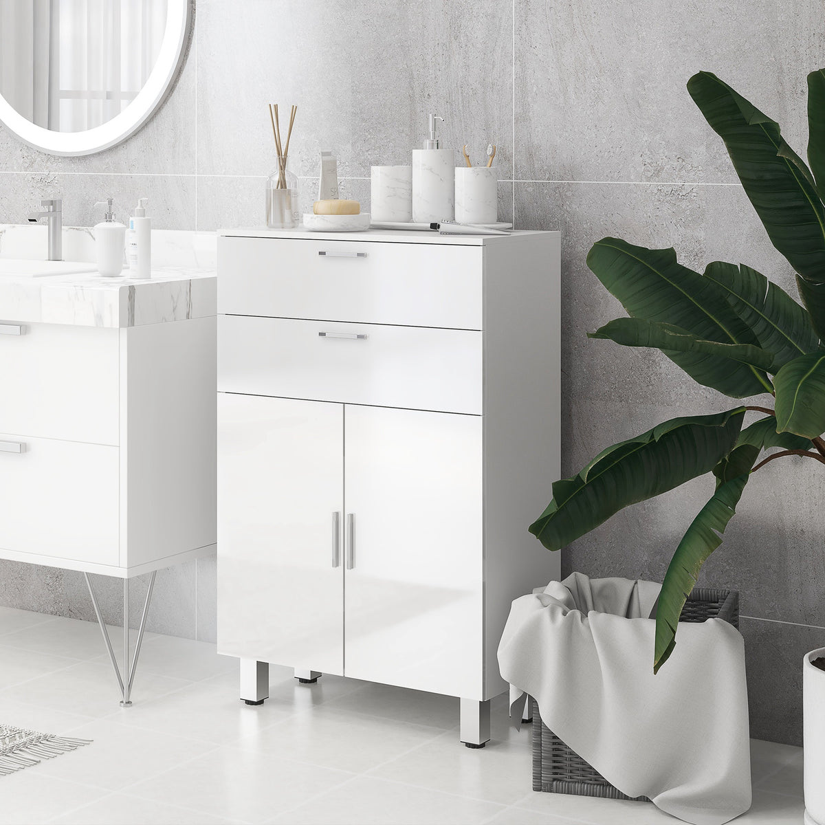 Mobile bagno con 2 cassetti, armadietto a doppia anta e ripiani regolabili 60 x 30 x 93 cm bianco lucido