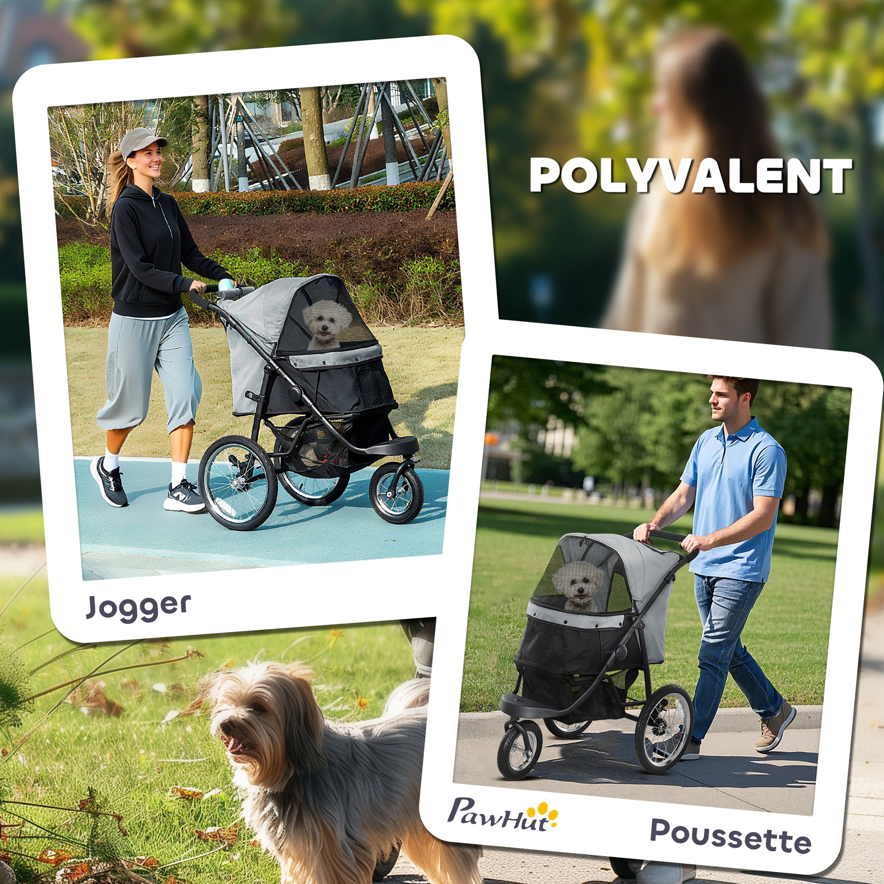 Poussette pour chien pliable avec panier de rangement, coussin lavable, roues en caoutchouc et auvent réglable, gris